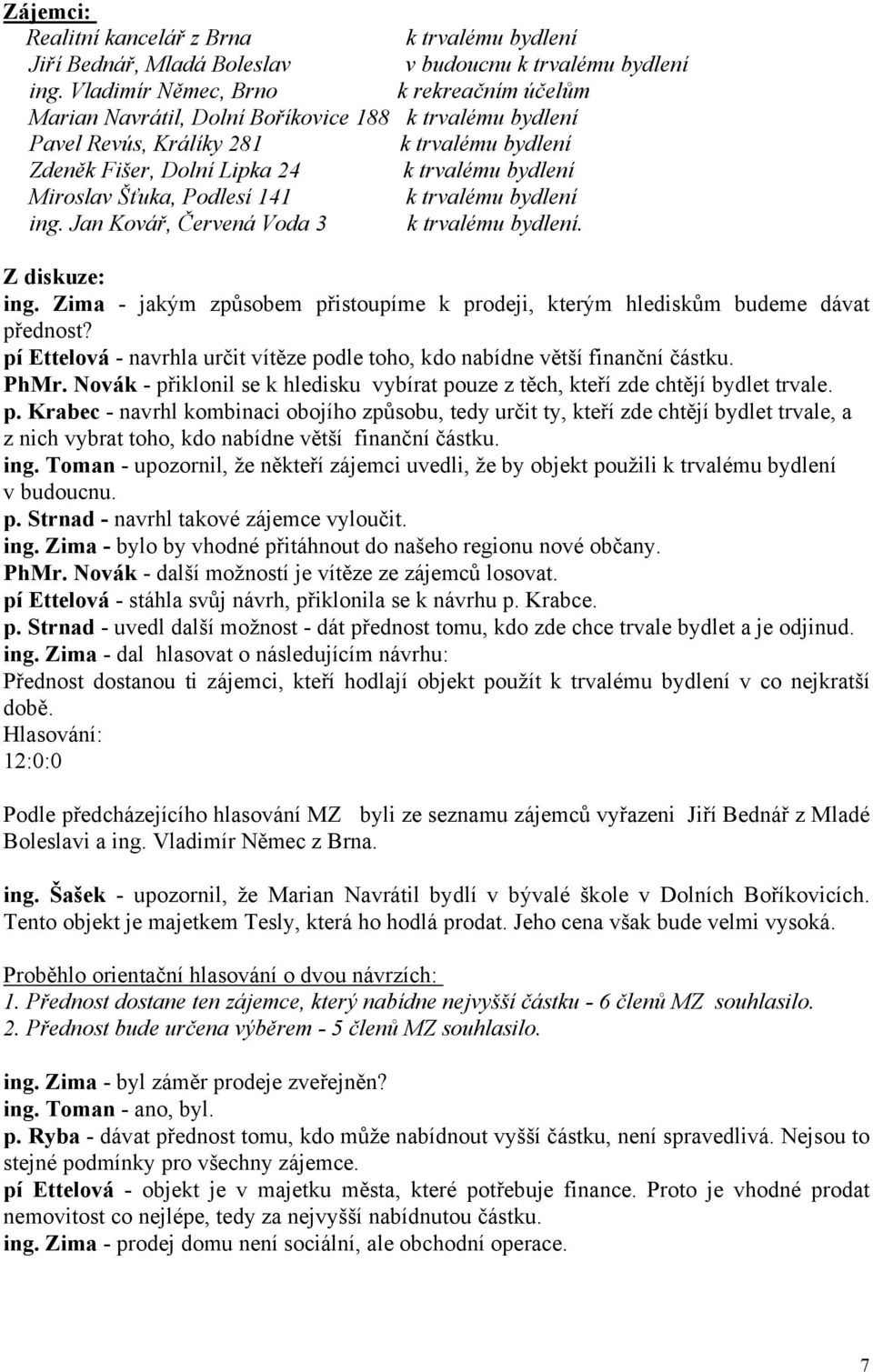 Šťuka, Podlesí 141 k trvalému bydlení ing. Jan Kovář, Červená Voda 3 k trvalému bydlení. ing. Zima - jakým způsobem přistoupíme k prodeji, kterým hlediskům budeme dávat přednost?