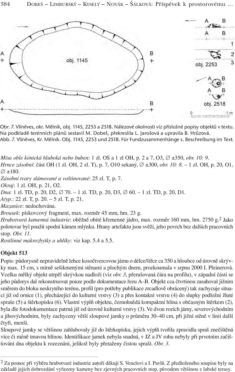 Mísa oble kónická hluboká nebo buben: 1 zl. OS a 1 zl OH, p. 2 a 7, O3, ±350, obr. 10: 9. Hrnce zásobní: část OH (1 zl. OH, 2 zl. T), p. 7, O10 sekaný, ±300, obr. 10: 8. 1 zl. OH, p. 20, O1, ±180.