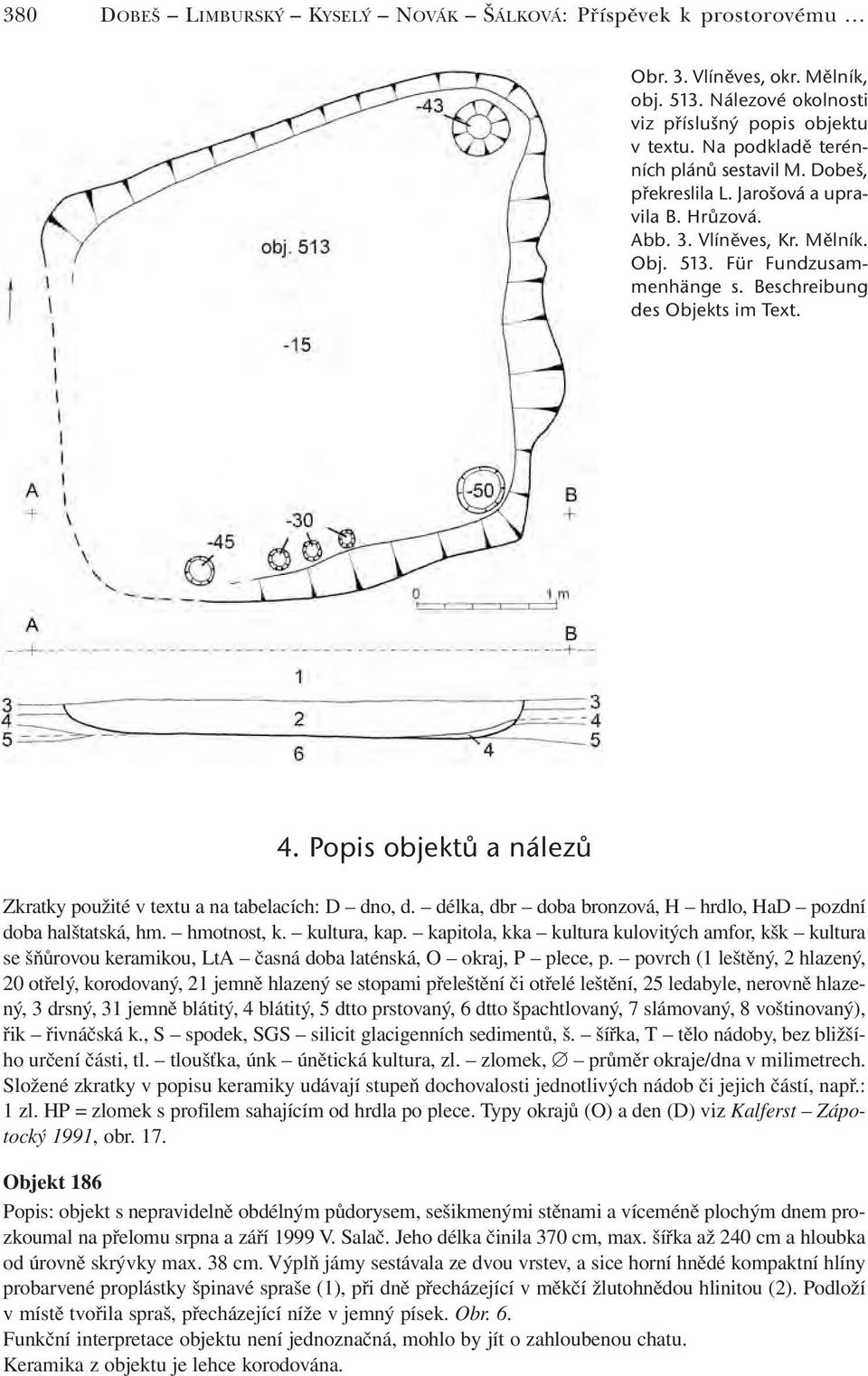 Popis objektů a nálezů Zkratky použité v textu a na tabelacích: D dno, d. délka, dbr doba bronzová, H hrdlo, HaD pozdní doba halštatská, hm. hmotnost, k. kultura, kap.