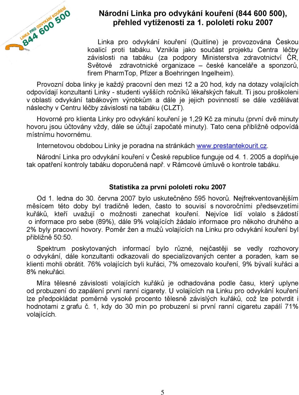 Boehringen Ingelheim). Provozní doba linky je každý pracovní den mezi 12 a 20 hod, kdy na dotazy volajících odpovídají konzultanti Linky - studenti vyšších ročníků lékařských fakult.