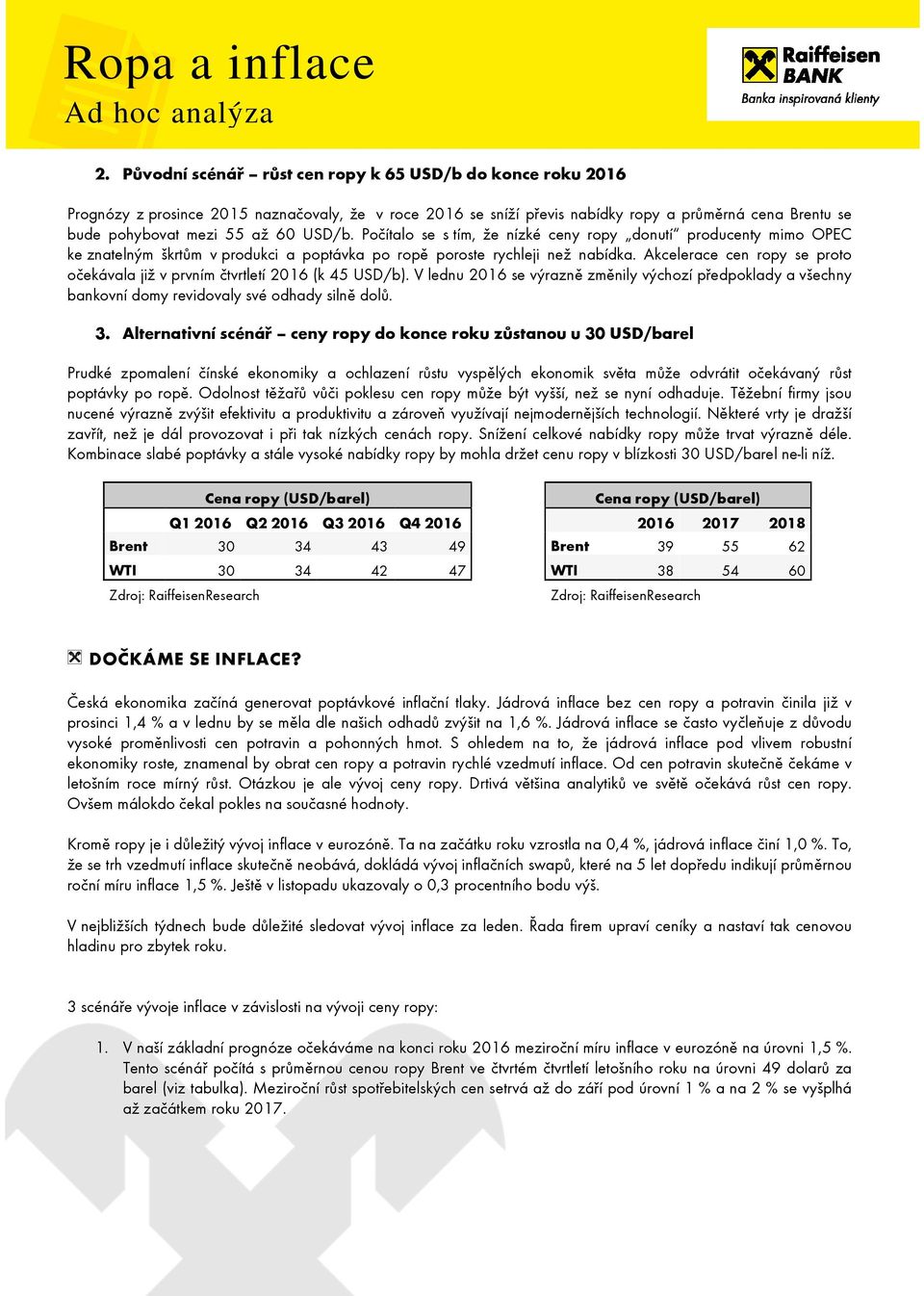 Akcelerace cen ropy se proto očekávala již v prvním čtvrtletí 2016 (k 45 USD/b). V lednu 2016 se výrazně změnily výchozí předpoklady a všechny bankovní domy revidovaly své odhady silně dolů. 3.