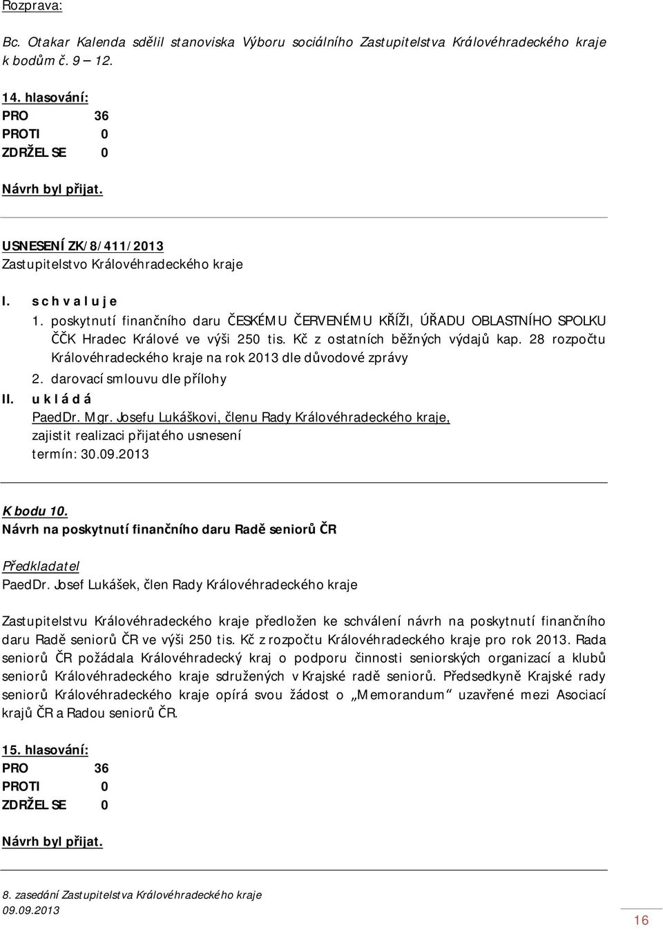 28 rozpočtu Královéhradeckého kraje na rok 2013 dle důvodové zprávy 2. darovací smlouvu dle přílohy II. u k l á d á PaedDr. Mgr.