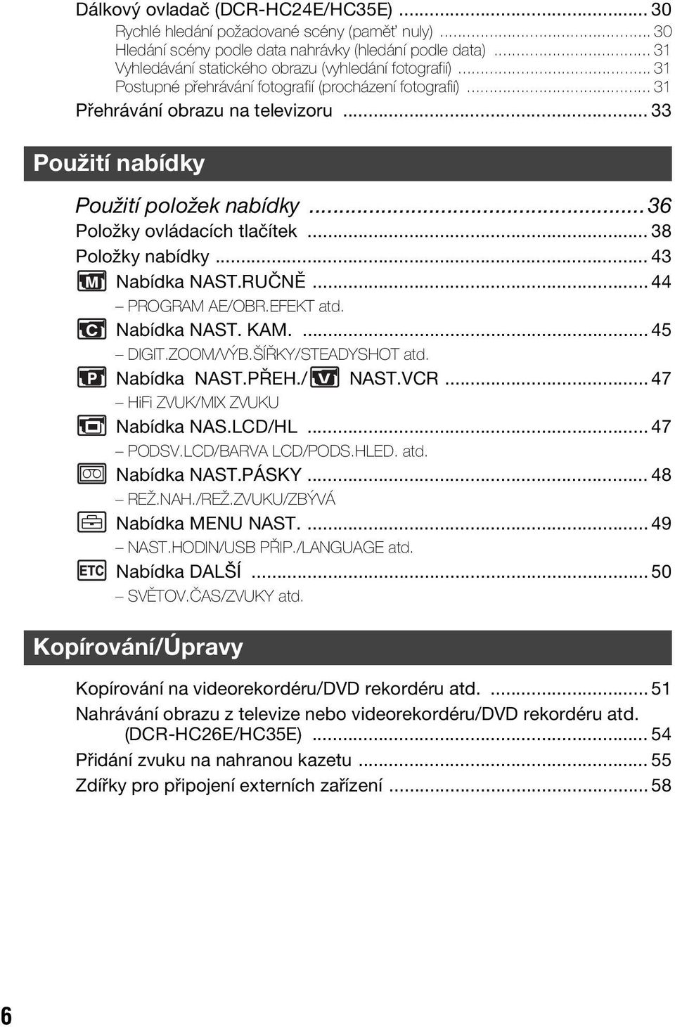 .. 33 Použití nabídky Použití položek nabídky...36 Položky ovládacích tlačítek... 38 Položky nabídky... 43 Nabídka NAST.RUČNĚ... 44 PROGRAM AE/OBR.EFEKT atd. Nabídka NAST. KAM.... 45 DIGIT.ZOOM/VÝB.