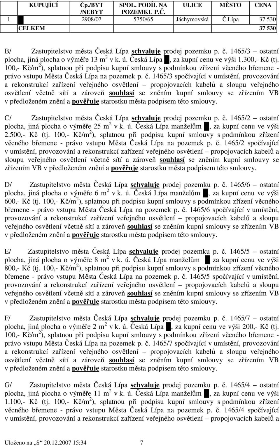 100,- Kč/m 2 ), splatnou při podpisu kupní smlouvy s podmínkou zřízení věcného břemene - právo vstupu Města Česká Lípa na pozemek p. č.