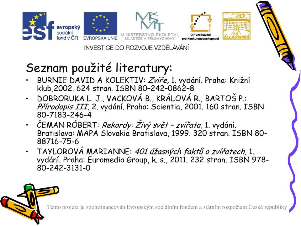160 stran. ISBN 80-7183-246-4 ČEMAN RÓBERT: Rekordy: Živý svět zvířata, 1. vydání. Bratislava: MAPA Slovakia Bratislava, 1999.