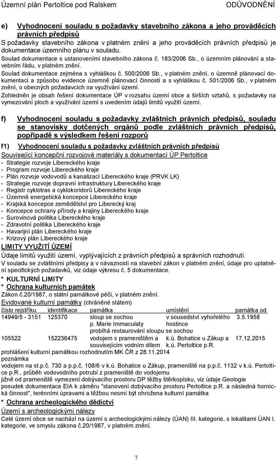 , v platném znění, o územně plánovací dokumentaci a způsobu evidence územně plánovací činnosti a s vyhláškou č. 501/2006 Sb., v platném znění, o obecných požadavcích na využívání území.