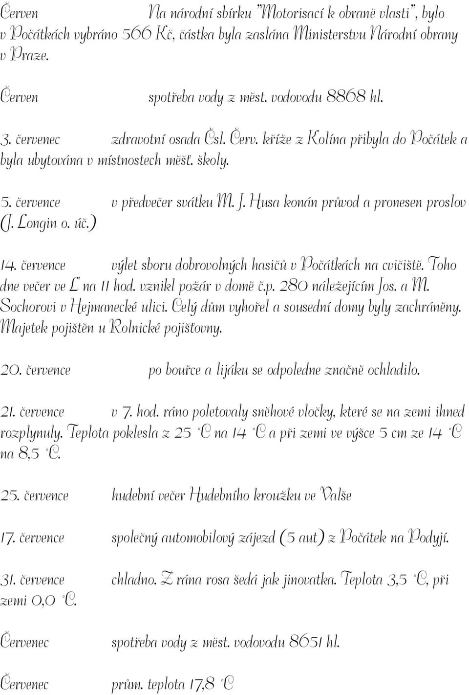 Longin o. úč.) 14. července výlet sboru dobrovolných hasičů v Počátkách na cvičiště. Toho dne večer ve ¼ na 11 hod. vznikl požár v domě č.p. 280 náležejícím Jos. a M. Sochorovi v Hejmanecké ulici.