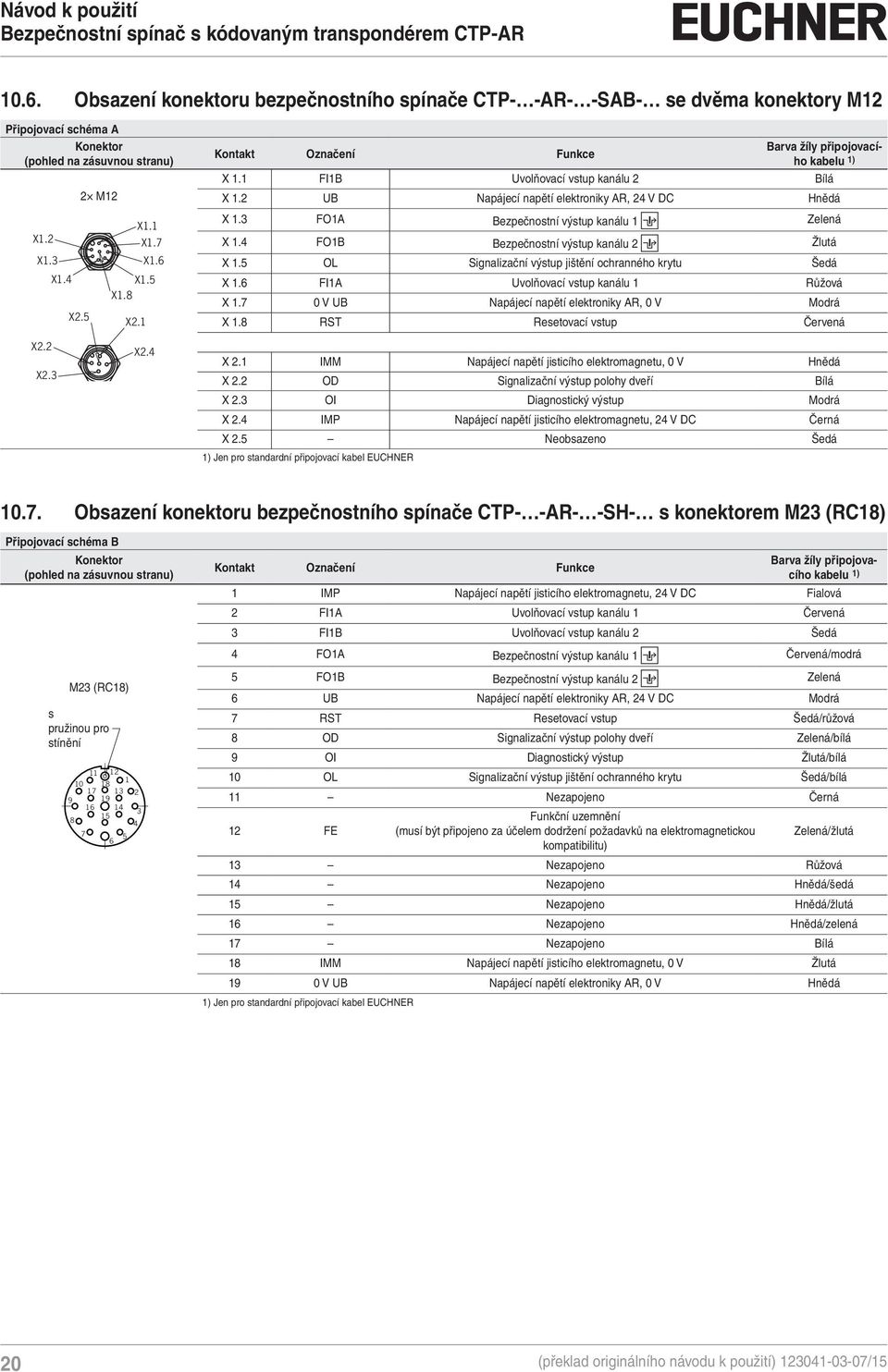 3 FO1A Bezpečnostní výstup kanálu 1 Zelená X 1.4 FO1B Bezpečnostní výstup kanálu 2 Žlutá X 1.5 OL Signalizační výstup jištění ochranného krytu Šedá X 1.6 FI1A Uvolňovací vstup kanálu 1 Růžová X 1.