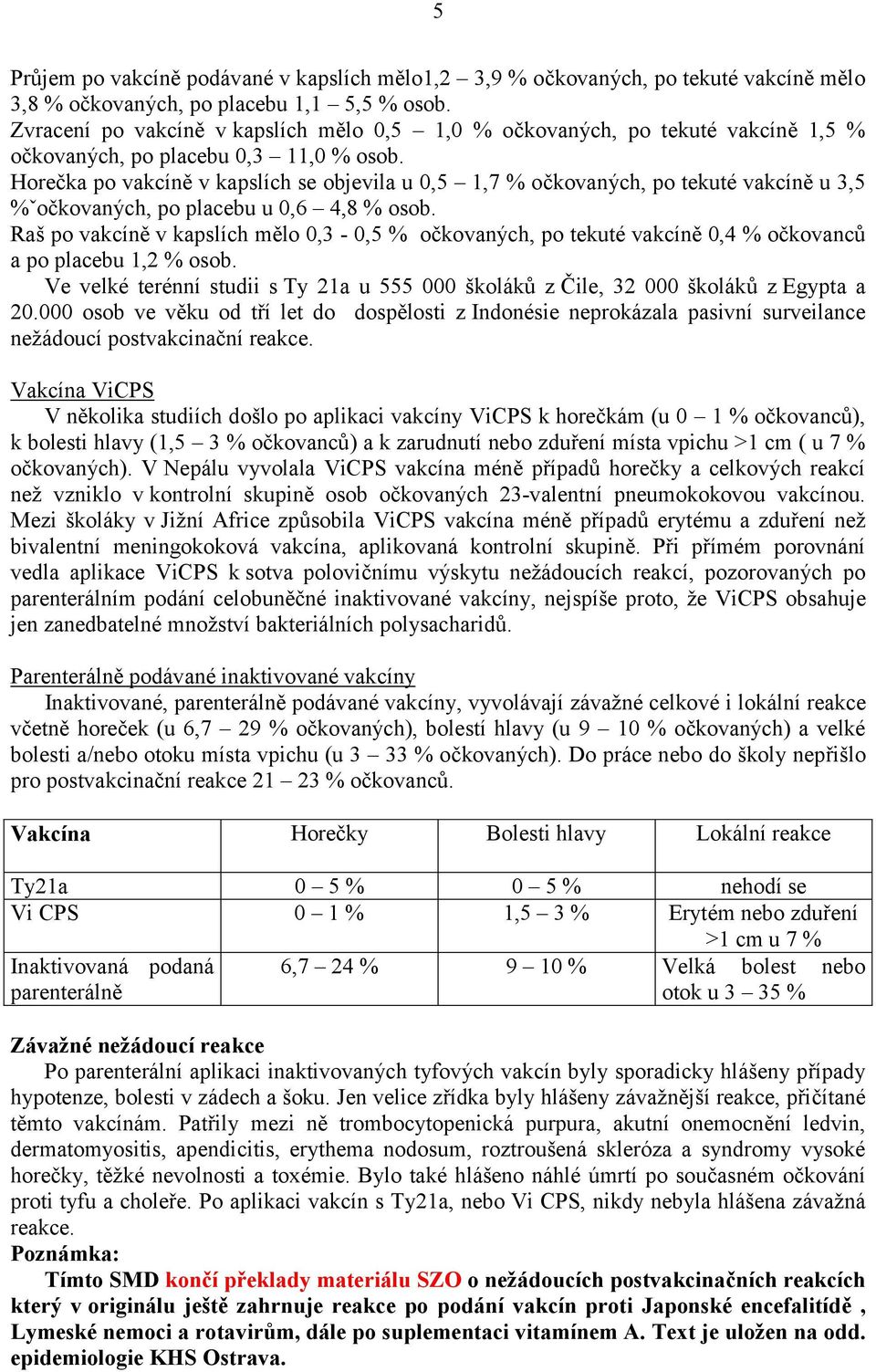 Horečka po vakcíně v kapslích se objevila u 0,5 1,7 % očkovaných, po tekuté vakcíně u 3,5 %ÿočkovaných, po placebu u 0,6 4,8 % osob.