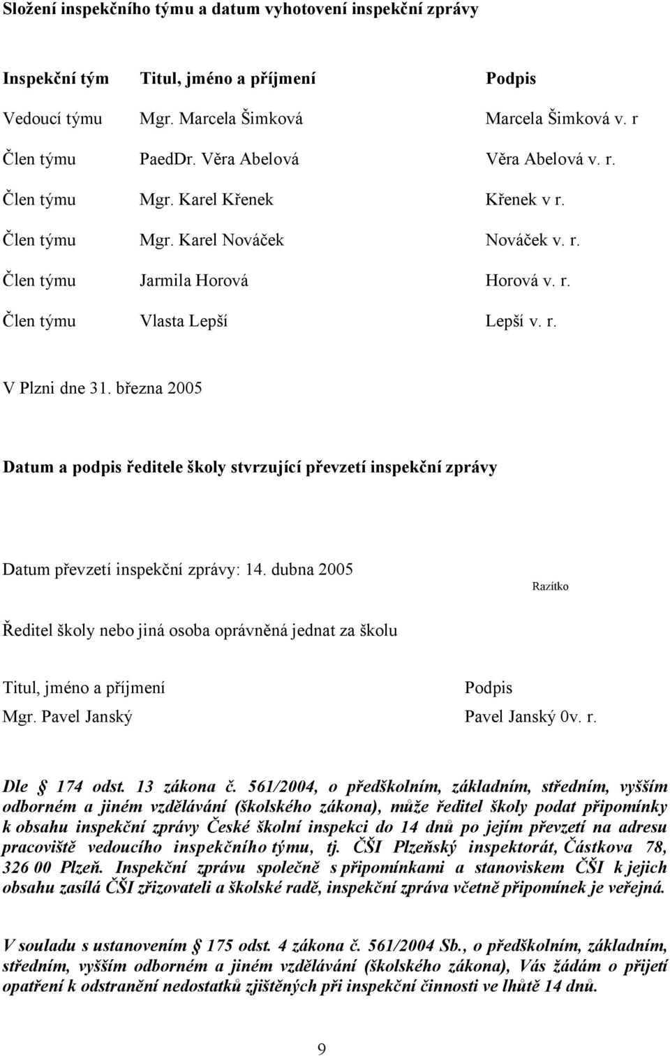 března 2005 Datum a podpis ředitele školy stvrzující převzetí inspekční zprávy Datum převzetí inspekční zprávy: 14.