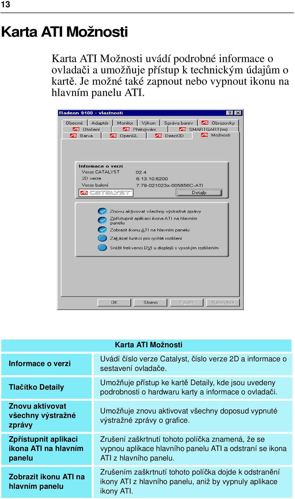 Catalyst, číslo verze 2D a informace o sestavení ovladače. Umožňuje přístup ke kartě Detaily, kde jsou uvedeny podrobnosti o hardwaru karty a informace o ovladači.