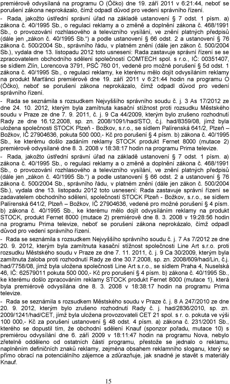 , o provozování rozhlasového a televizního vysílání, ve znění platných předpisů (dále jen zákon č. 40/1995 Sb. ) a podle ustanovení 66 odst. 2 a ustanovení 76 zákona č. 500/2004 Sb.