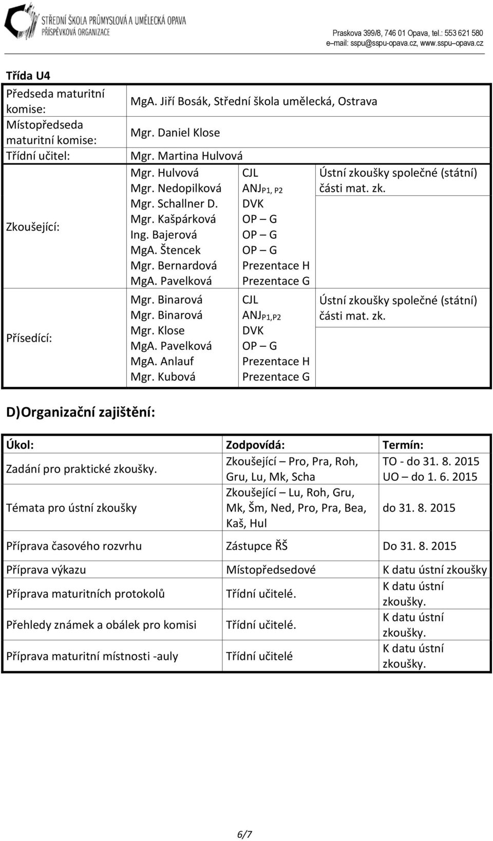 Pavelková MgA. Anlauf Mgr. Kubová ANJP1,P2 DVK OP G Prezentace H Prezentace G D) Organizační zajištění: Úkol: Zodpovídá: Termín: Zadání pro praktické zkoušky. Zkoušející Pro, Pra, Roh, TO - do 31. 8.