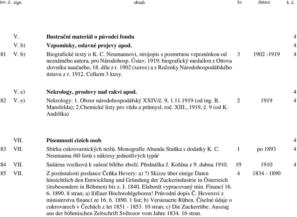 1902 (xerox) a z Ročenky Národohospodářského ústavu z r. 1912. Celkem 3 kusy. 3 1902-1919 4 V. e) Nekrology, proslovy nad rakví apod. 4 82 V. e) Nekrology: 1. Obzor národohospodářský XXIV/č. 9, 1.11.