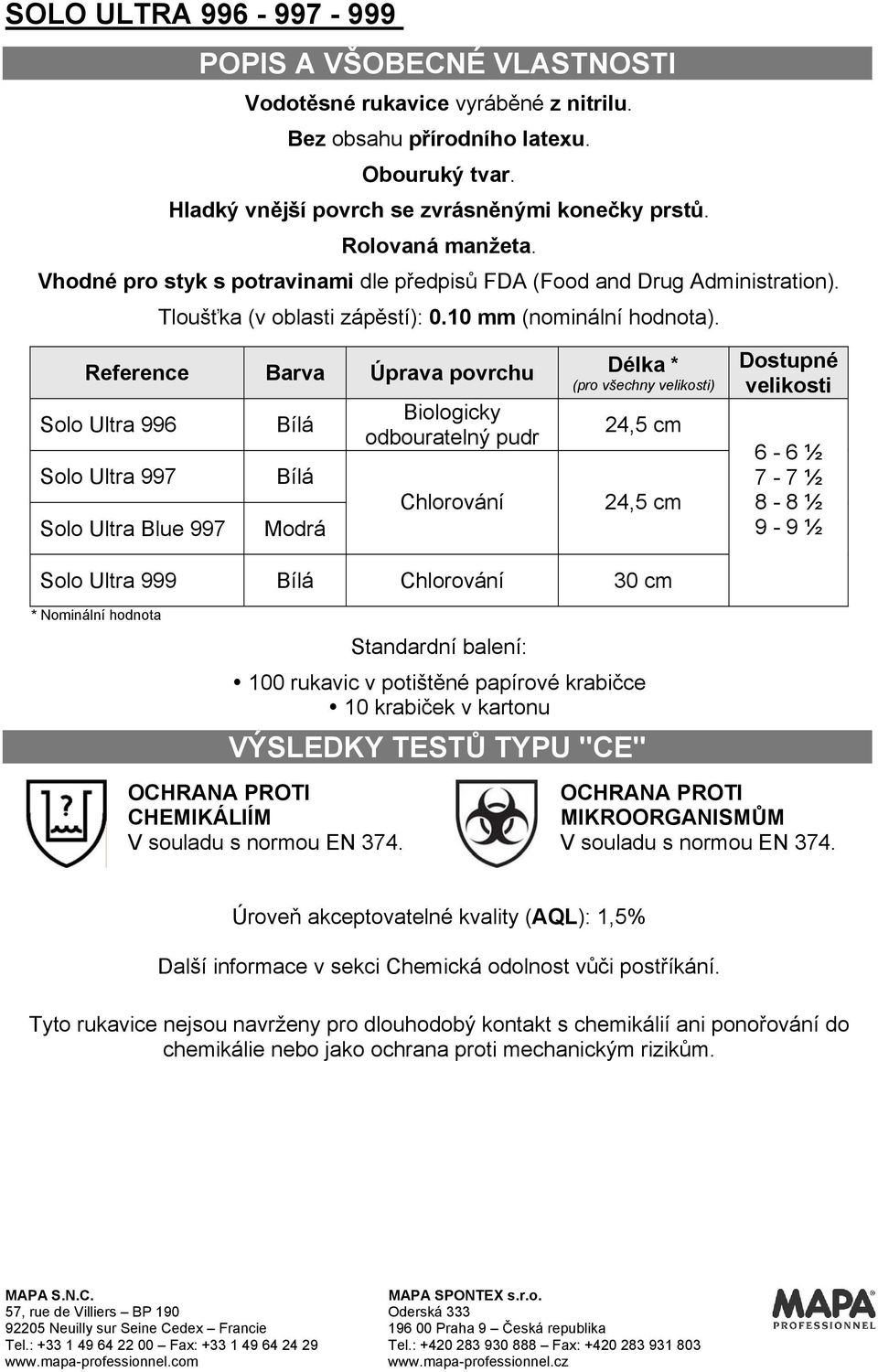 Reference Barva Úprava povrchu Délka * (pro všechny velikosti) Solo Ultra 996 Bílá Biologicky odbouratelný pudr 24,5 cm Solo Ultra 997 Solo Ultra Blue 997 Bílá Modrá Chlorování 24,5 cm Dostupné