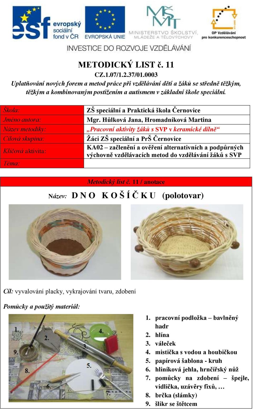 Hůlková Jana, Martina Pracovní aktivity žáků s SVP v keramické dílně Žáci ZŠ speciální a PrŠ Černovice KA02 začlenění a ověření alternativních a podpůrných výchovně vzdělávacích metod do vzdělávání