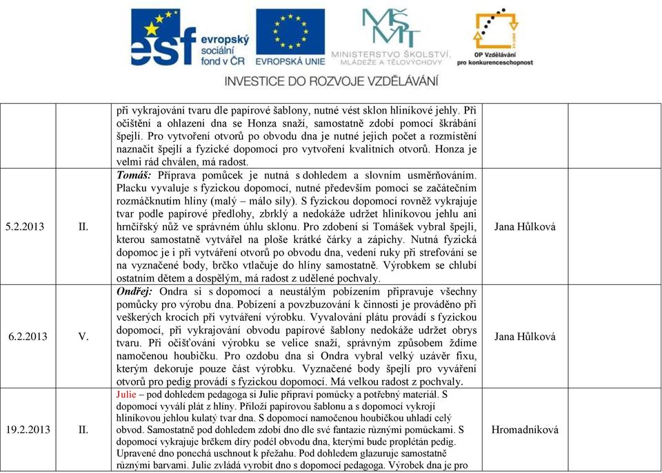 Pro vytvoření otvorů po obvodu dna je nutné jejich počet a rozmístění naznačit špejlí a fyzické dopomoci pro vytvoření kvalitních otvorů. Honza je velmi rád chválen, má radost.