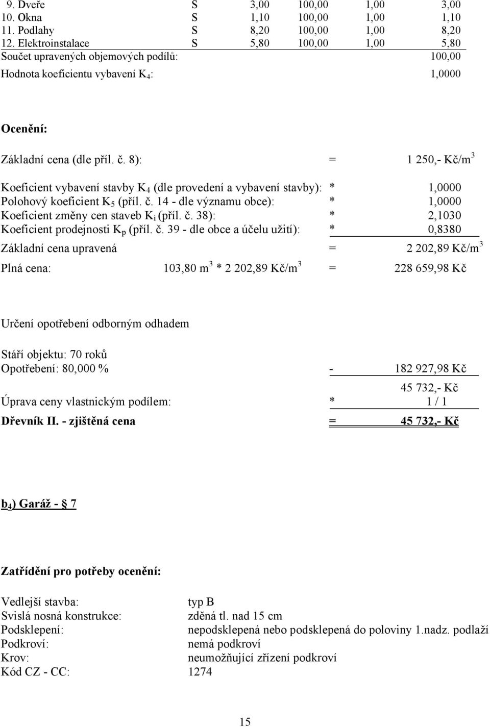 8): = 1 250,- Kč/m 3 Koeficient vybavení stavby K 4 (dle provedení a vybavení stavby): * 1,0000 Polohový koeficient K 5 (příl. č.