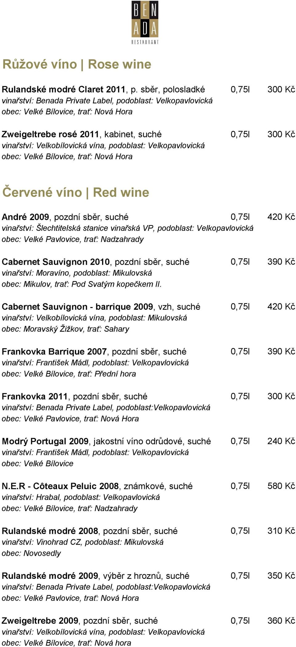 sběr, suché 0,75l 420 Kč vinařství: Šlechtitelská stanice vinařská VP, podoblast: Velkopavlovická obec: Velké Pavlovice, trať: Nadzahrady Cabernet Sauvignon 2010, pozdní sběr, suché 0,75l 390 Kč