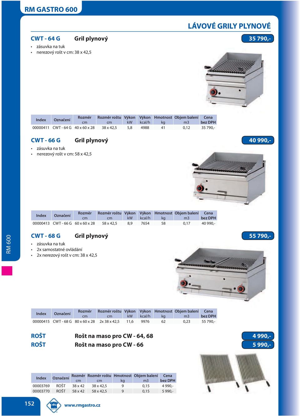 990,- CWT - 68 G Gril plynový 55 790,- zásuvka na tuk roštu Výkon Výkon Hmotnost Objem balení kcal/h kg 11,6 9976 62 ROŠT Rošt