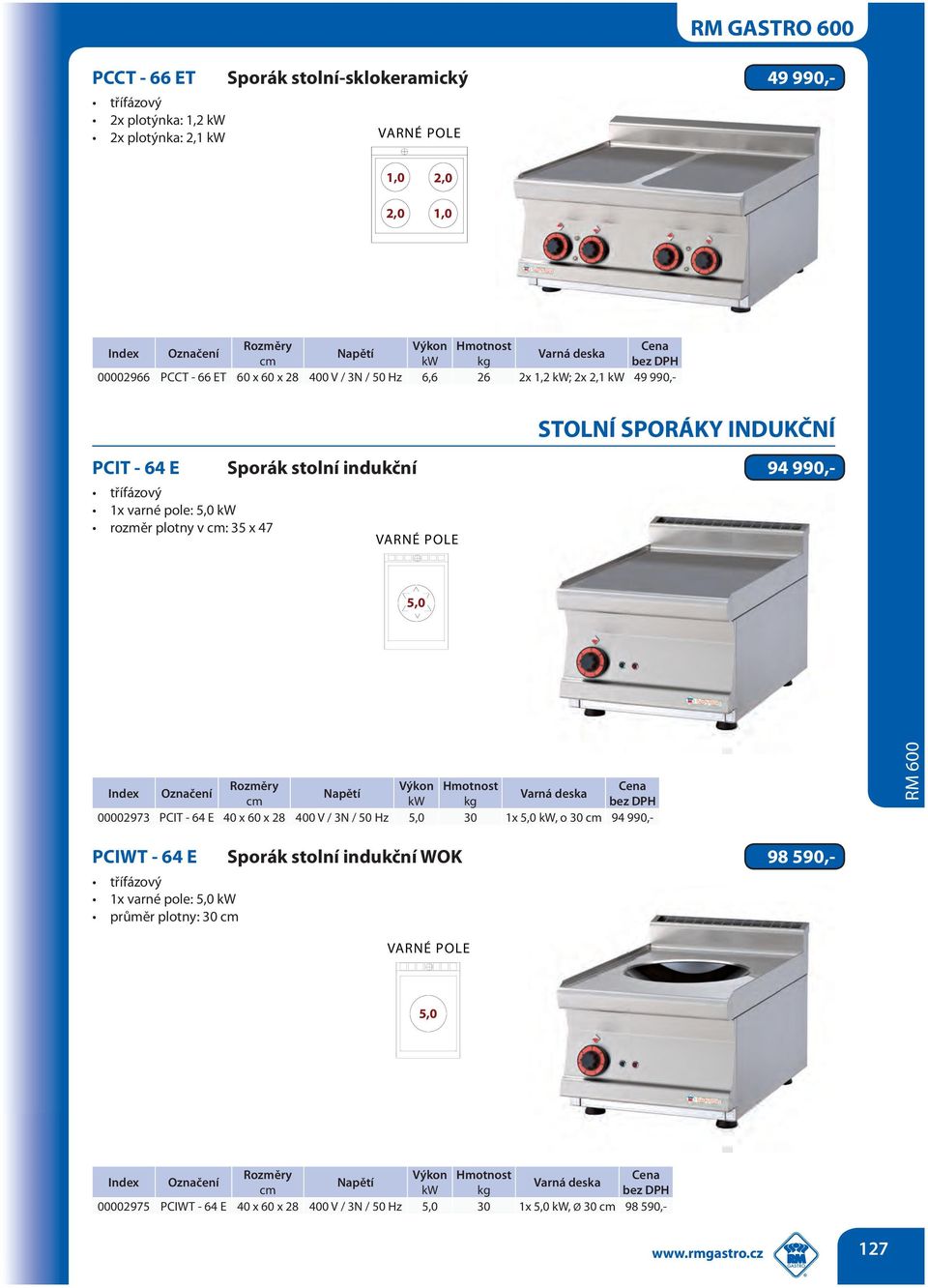 47 VARNÉ POLE 5,0 Výkon Hmotnost Varná deska kw kg 00002973 PCIT - 64 E 40 x 60 x 28 400 V / 3N / 50 Hz 5,0 30 1x 5,0 kw, o 30 94 990,- PCIWT - 64 E Sporák stolní indukční WOK 98 590,-