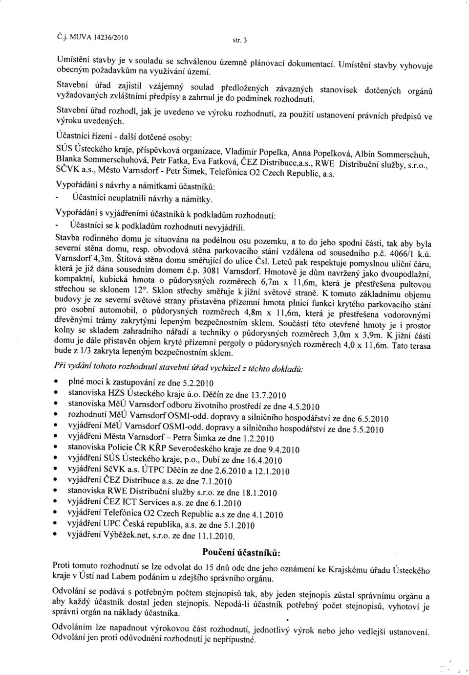 Stavební úiad rozhodl, jak je uvedeno ve vfoku rozhodnutí, za poulití ustanovení próvních piedpisù ve vliroku uvedenfch. Úòastníci iizení -dal5í dotèené osoby: SUS.