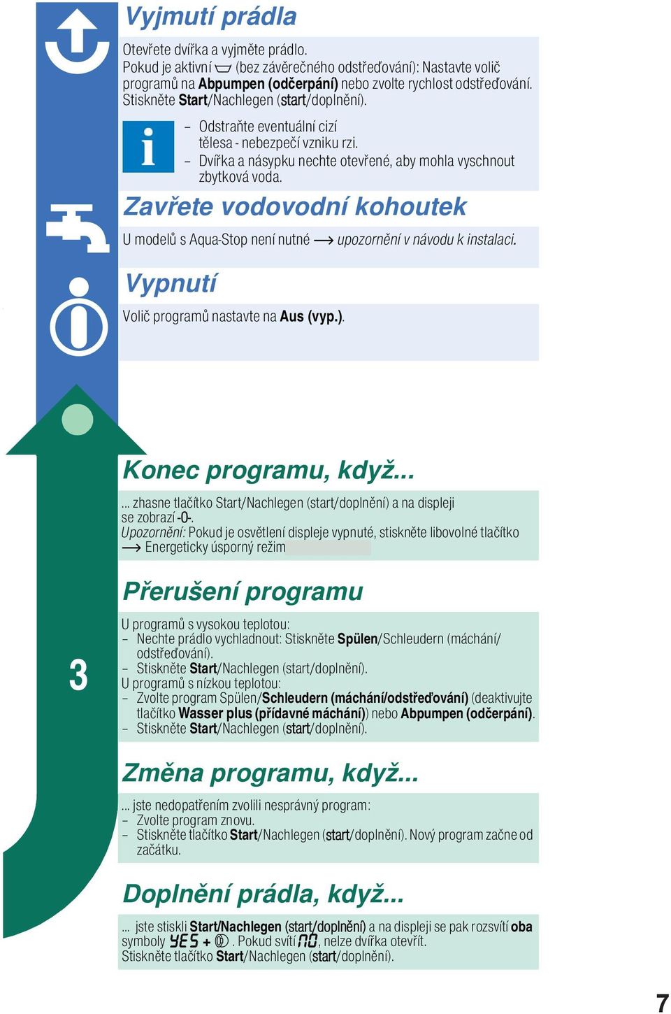 Zavete vodovodní kohoutek U model s Aqua-Stop není nutné upozornní v návodu k instalaci. Vypnutí Voli program nastavte na Aus (vyp.). Konec programu, když.