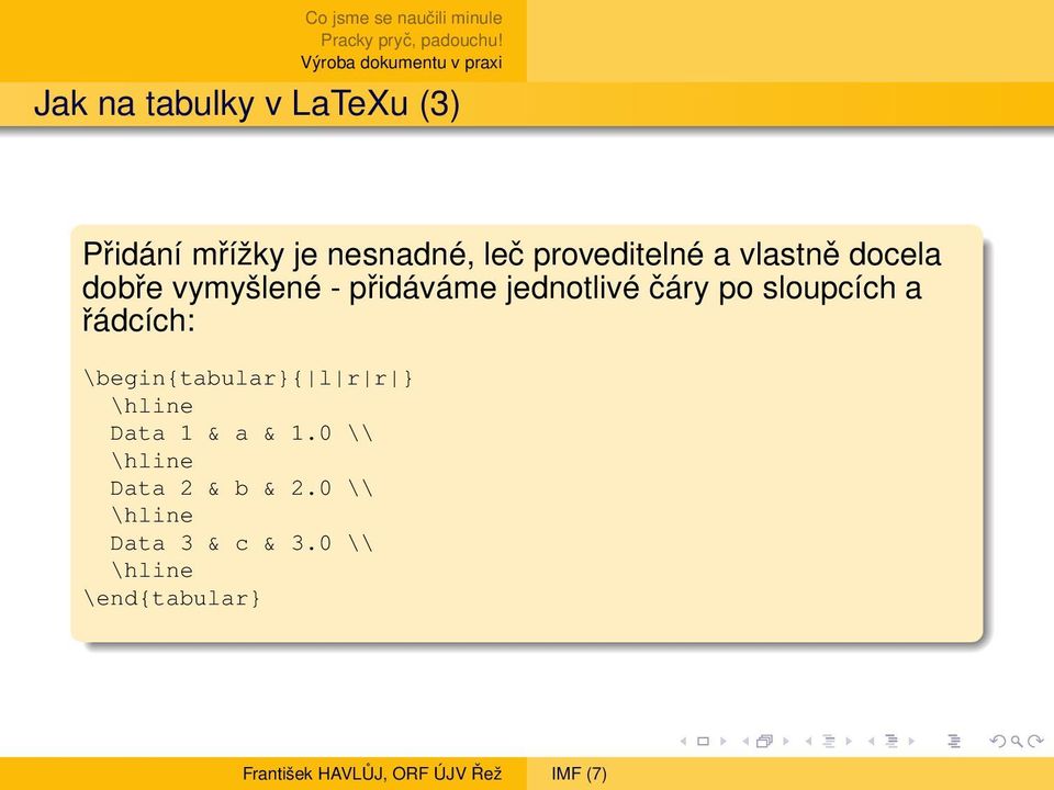 čáry po sloupcích a řádcích: \begin{tabular}{ l r r } \hline Data 1 &