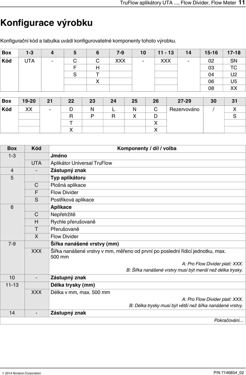 X X Box Kód Komponenty / díl / volba 1 3 Jméno UTA Aplikátor Universal TruFlow 4 - Zástupný znak 5 Typ aplikátoru C Plošná aplikace F Flow Divider S Postřiková aplikace 6 Aplikace C Nepřetržitě H