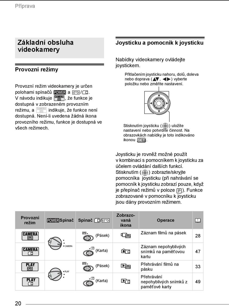 Joysticku a pomocník k joysticku Nabídky videokamery ovládejte joystickem. Přitlačením joysticku nahoru, dolů, doleva nebo doprava (, ) vyberte položku nebo změňte nastavení.