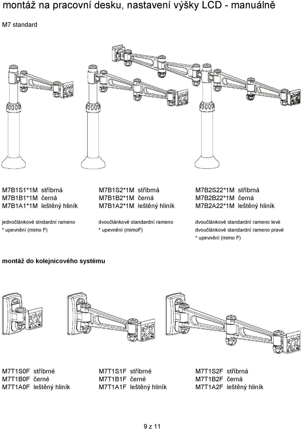 dvoučlánkové standardní rameno levé * upevnění (mimo F) * upevnění (mimof) dvoučlánkové standardní rameno pravé * upevnění (mimo F) montáž do kolejnicového