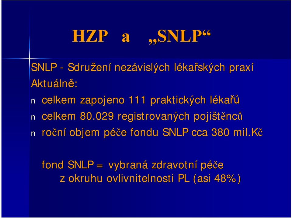 029 registrovaných pojištěnc nců roční objem péče p e fondu SNLP cca