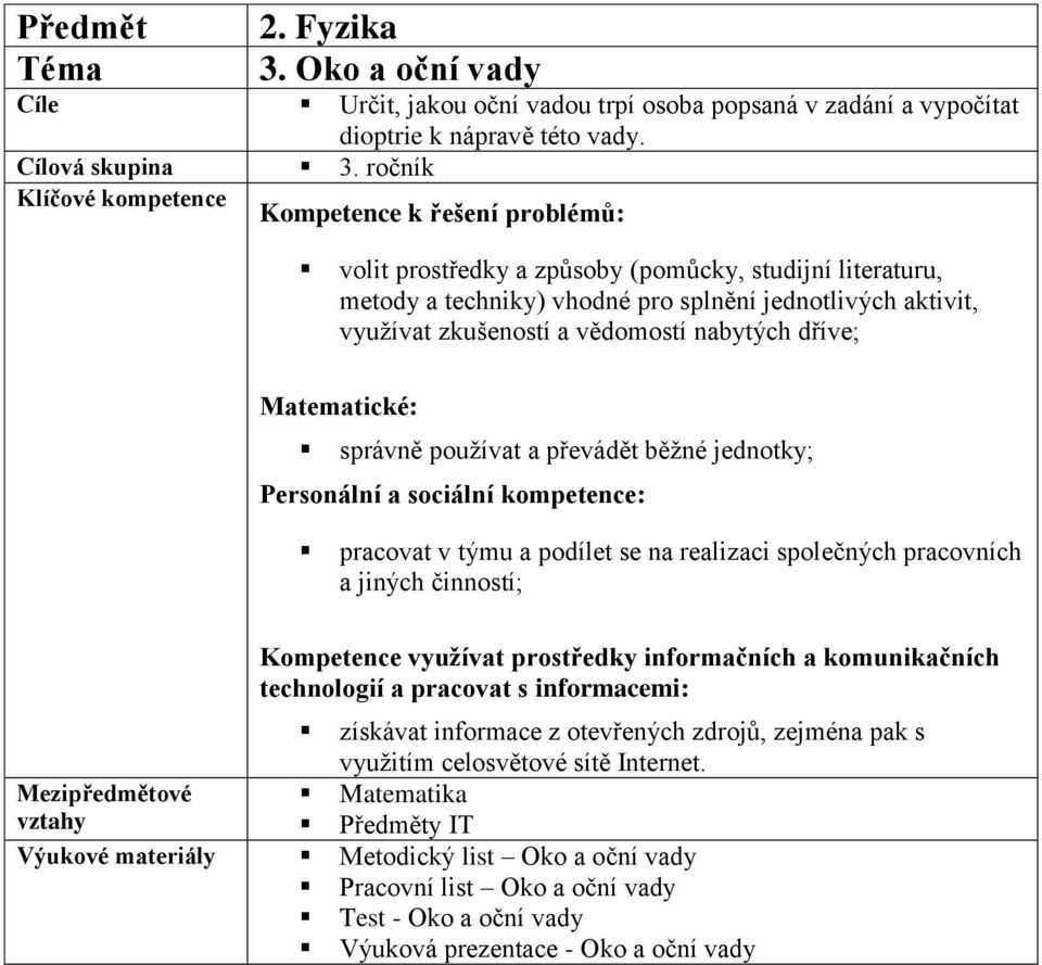 aktivit, využívat zkušeností a vědomostí nabytých dříve; Personální a sociální kompetence: pracovat v týmu a podílet se na realizaci společných