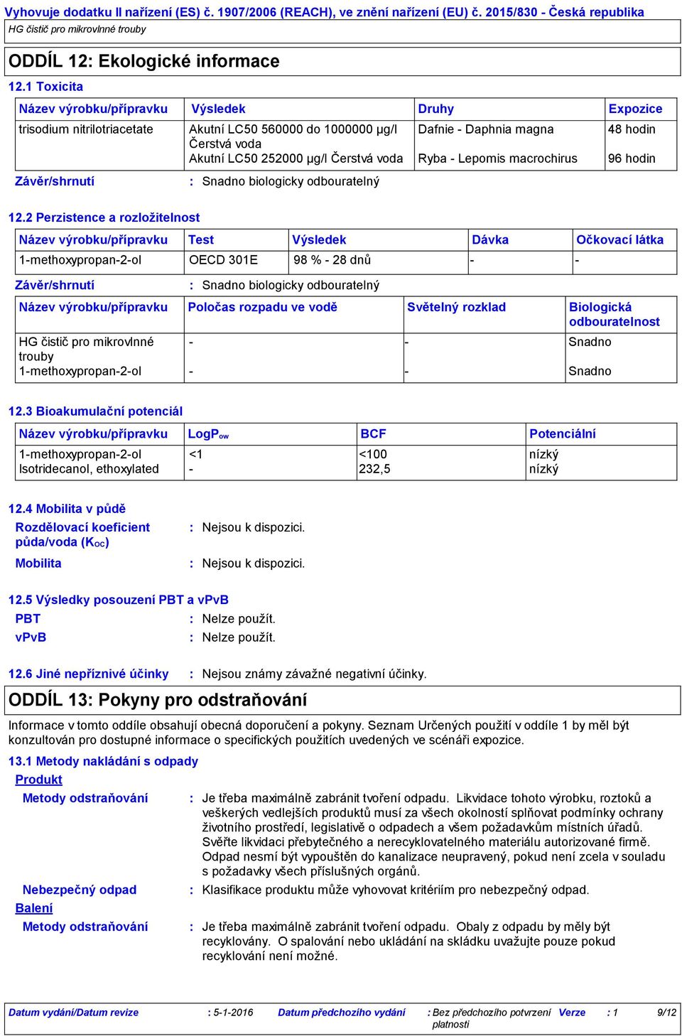 voda Ryba Lepomis macrochirus 96 hodin Snadno biologicky odbouratelný 12.