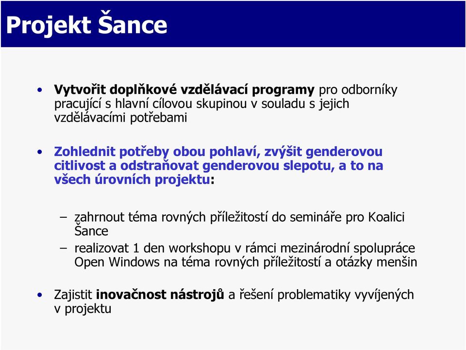 úrovních projektu: zahrnout téma rovných příležitostí do semináře pro Koalici Šance realizovat 1 den workshopu v rámci mezinárodní