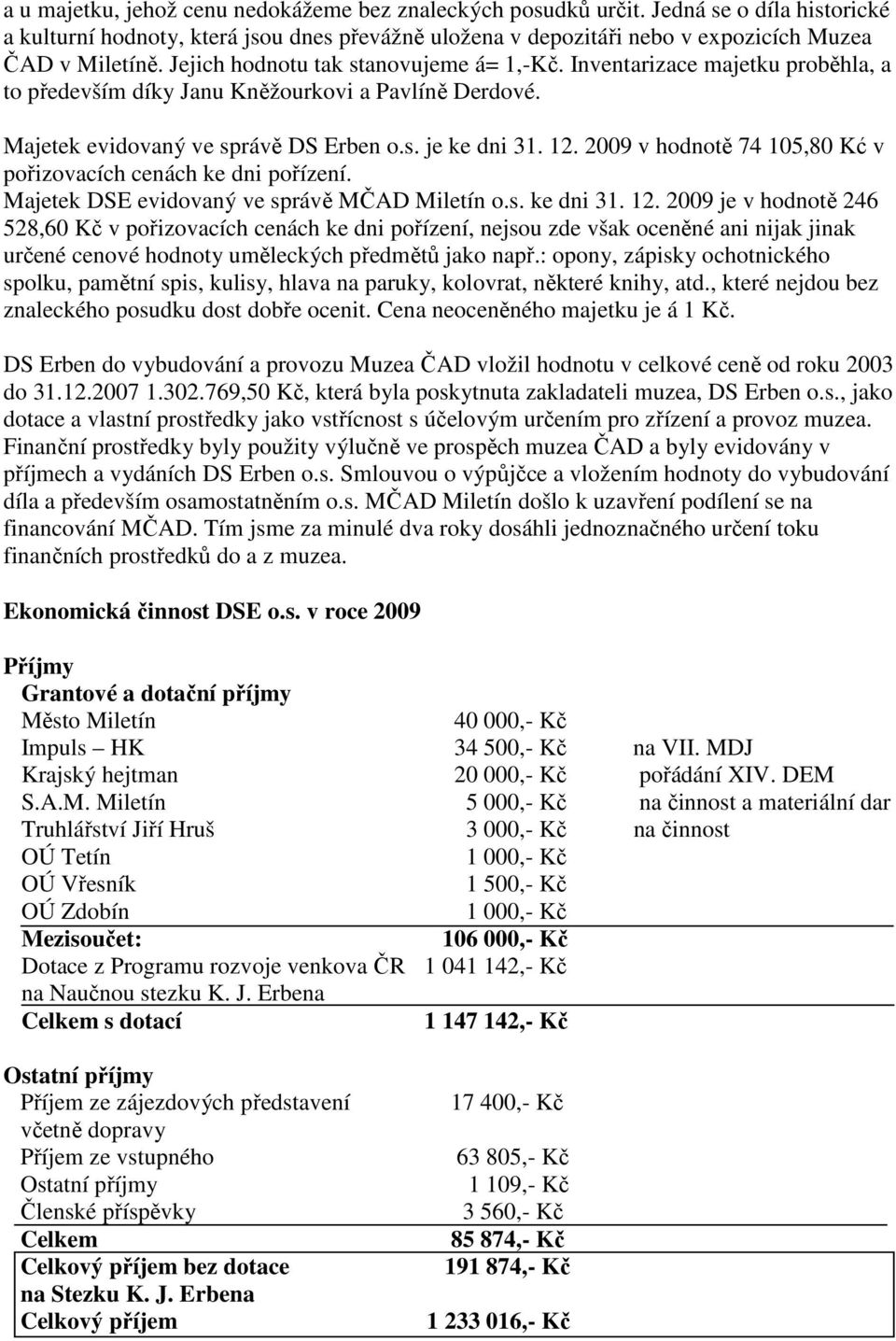 2009 v hodnotě 74 105,80 Kć v pořizovacích cenách ke dni pořízení. Majetek DSE evidovaný ve správě MČAD Miletín o.s. ke dni 31. 12.