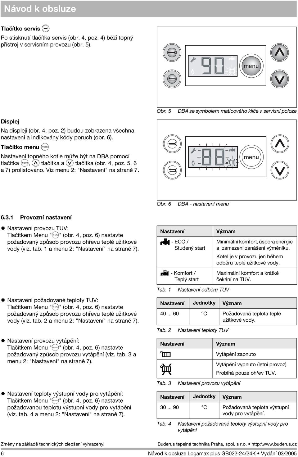 5 DBA se symbolem maticového klíèe v servisní poloze 6.3.1 Provozní nastavení Obr. 6 DBA - nastavení menu Nastavení provozu TUV: Tlaèítkem Menu "E" (obr. 4, poz.