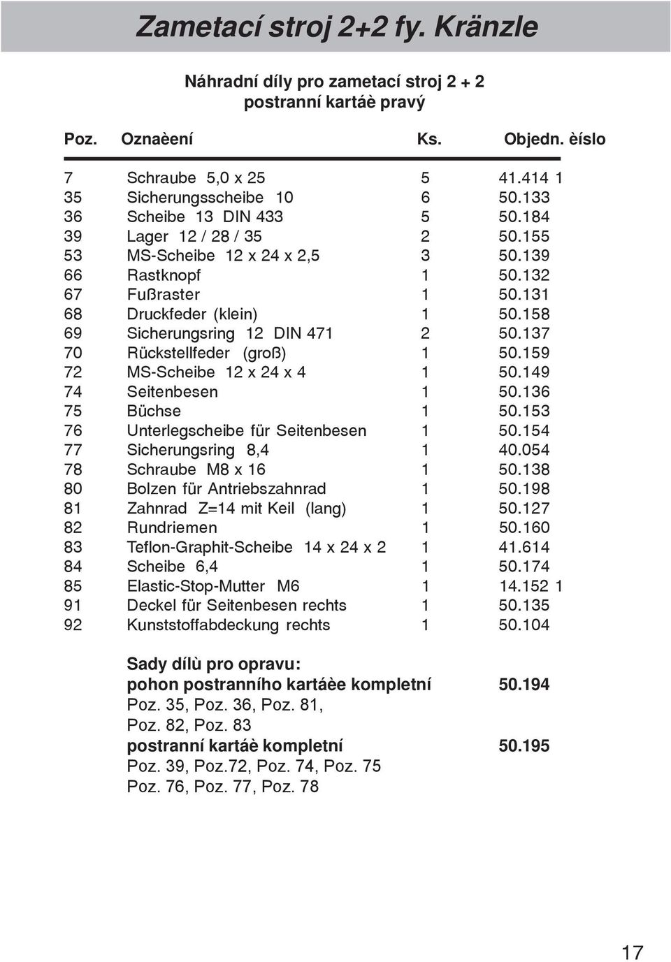 158 69 Sicherungsring 12 DIN 471 2 50.137 70 Rückstellfeder (groß) 1 50.159 72 MS-Scheibe 12 x 24 x 4 1 50.149 74 Seitenbesen 1 50.136 75 Büchse 1 50.153 76 Unterlegscheibe für Seitenbesen 1 50.