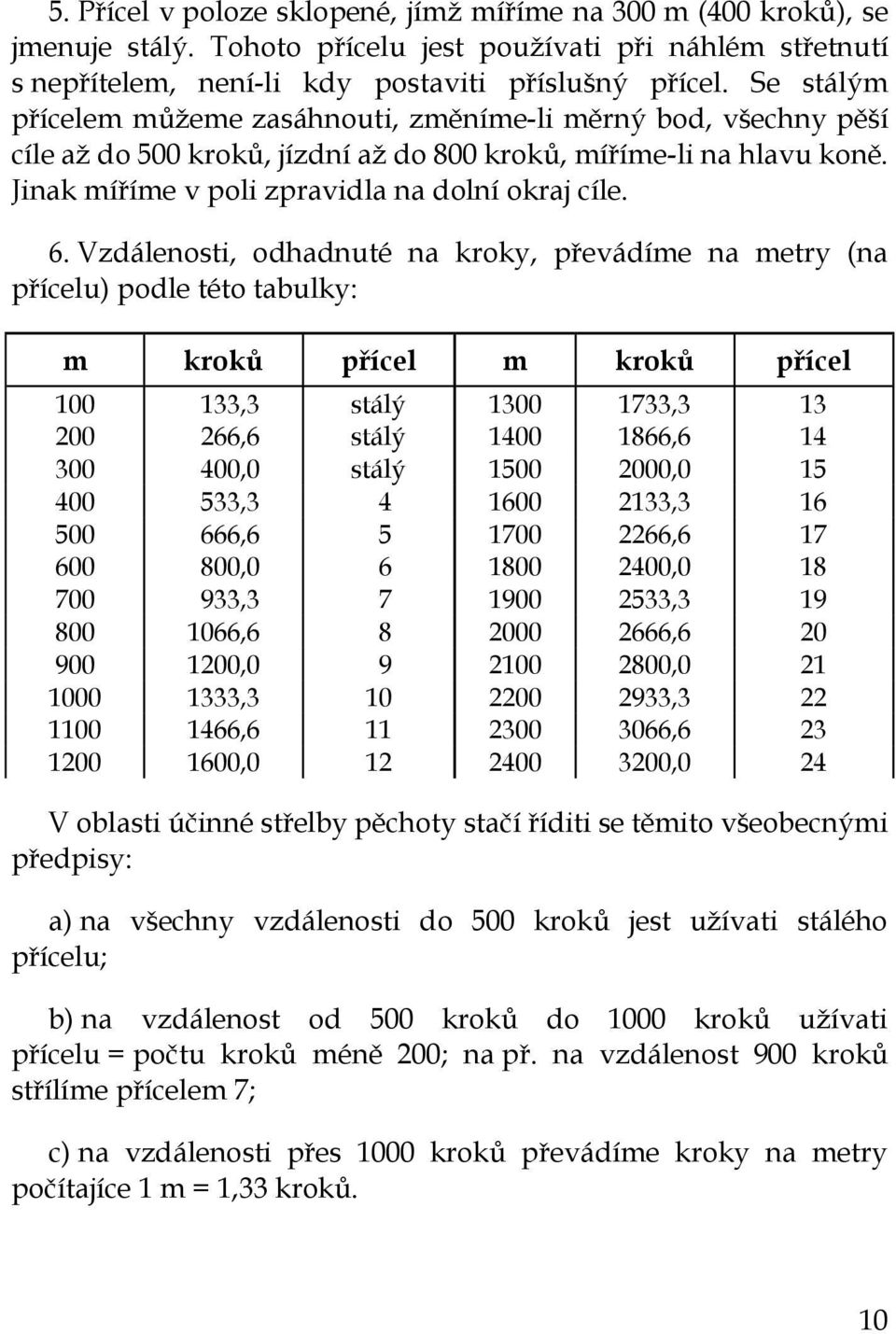 Vzdálenosti, odhadnuté na kroky, převádíme na metry (na přícelu) podle této tabulky: m kroků přícel m kroků přícel 100 133,3 stálý 1300 1733,3 13 200 266,6 stálý 1400 1866,6 14 300 400,0 stálý 1500