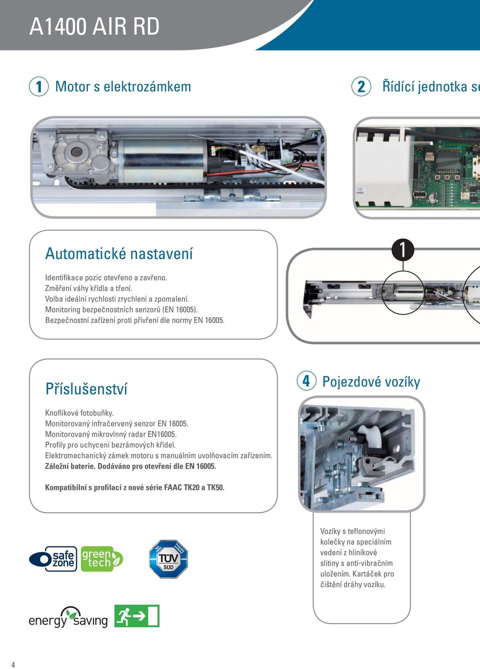 Monitorovaný infračervený senzor EN 16005. Monitorovaný mikrovlnný radar EN16005. Profily pro uchycení bezrámových křídel. Elektromechanický zámek motoru s manuálním uvolňovacím zařízením.