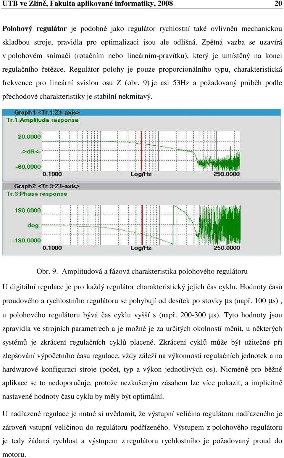 Regulátor polohy je pouze proporcionálního typu, charakteristická frekvence pro lineární svislou osu Z (obr. 9) je asi 53Hz a požadovaný průběh podle přechodové charakteristiky je stabilní nekmitavý.