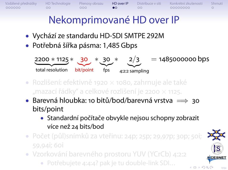 Barevná hloubka: 10 bitů/bod/barevná vrstva = 30 bits/point Standardní počítače obvykle nejsou schopny zobrazit více než 24 bits/bod Počet (půl)snímků