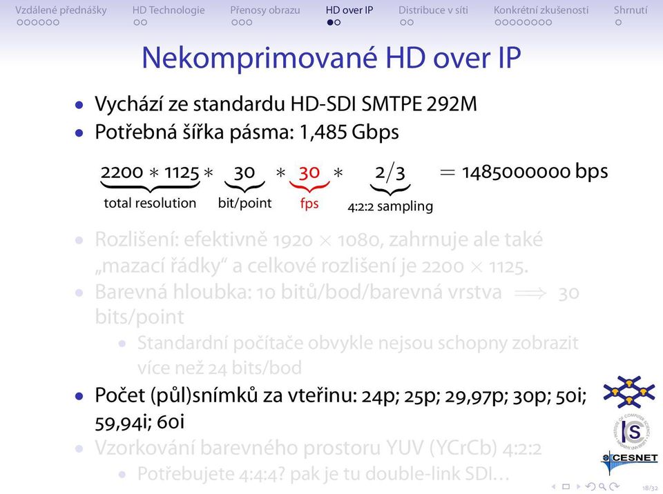 Barevná hloubka: 10 bitů/bod/barevná vrstva = 30 bits/point Standardní počítače obvykle nejsou schopny zobrazit více než 24 bits/bod Počet (půl)snímků