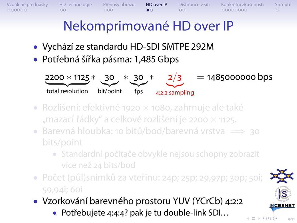 Barevná hloubka: 10 bitů/bod/barevná vrstva = 30 bits/point Standardní počítače obvykle nejsou schopny zobrazit více než 24 bits/bod Počet (půl)snímků