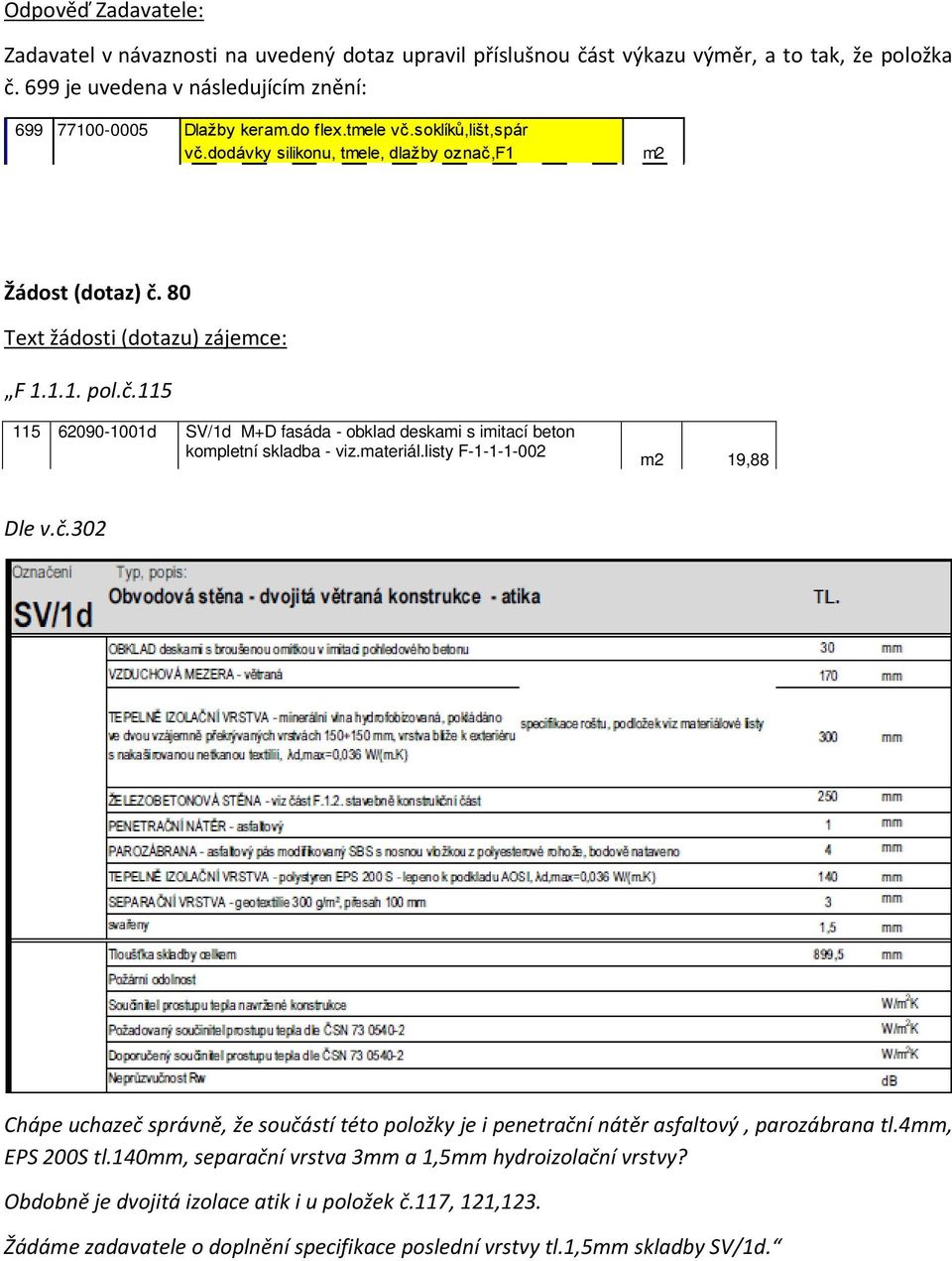 materiál.listy F-1-1-1-002 m2 19,88 Dle v.č.302 Chápe uchazeč správně, že součástí této položky je i penetrační nátěr asfaltový, parozábrana tl.4mm, EPS 200S tl.