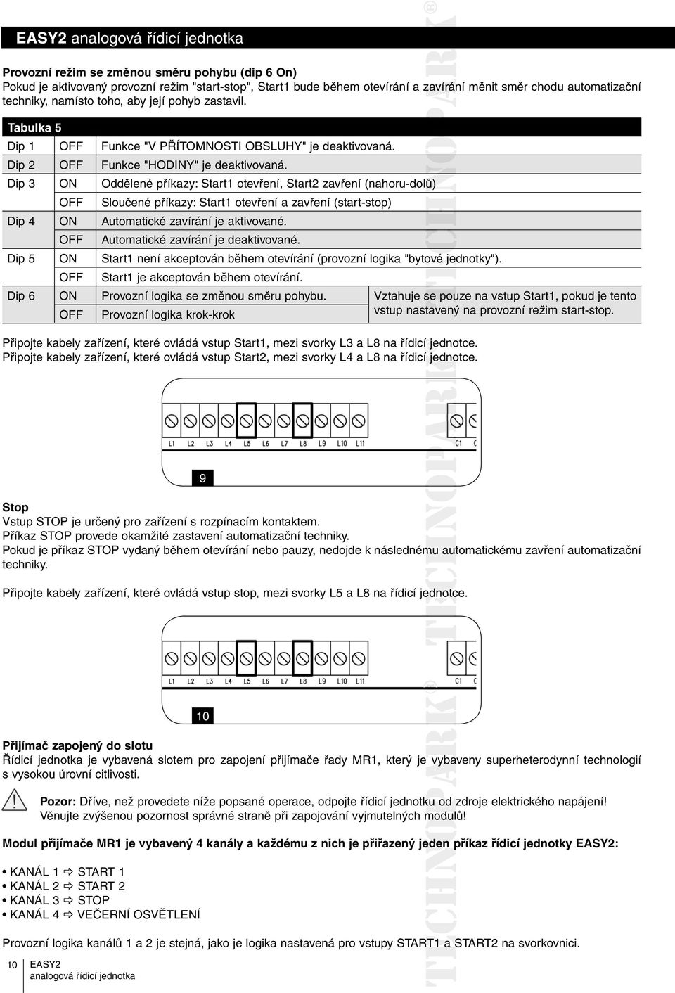 Dip 3 ON Oddělené příkazy: Start1 otevření, Start2 zavření (nahoru-dolů) OFF Sloučené příkazy: Start1 otevření a zavření (start-stop) Dip 4 ON Automatické zavírání je aktivované.