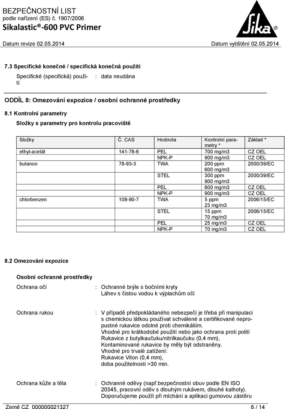 CAS Hodnota Kontrolní parametry Základ * * ethyl-acetát 141-78-6 PEL 700 mg/m3 CZ OEL NPK-P 900 mg/m3 CZ OEL butanon 78-93-3 TWA 200 ppm 2000/39/EC 600 mg/m3 STEL 300 ppm 2000/39/EC 900 mg/m3 PEL 600