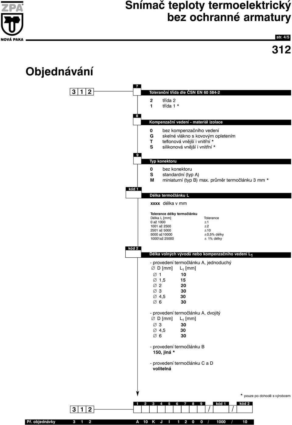 průměr termočlánku 3 mm * Délka termočlánku L xxxx délka v mm Tolerance délky termočlánku Délka L [mm] Tolerance 0 až 000 ± 00 až 2500 ±2 250 až 5000 ±0 5000 až0000 ±0,5% délky 000až 25000 ± % délky
