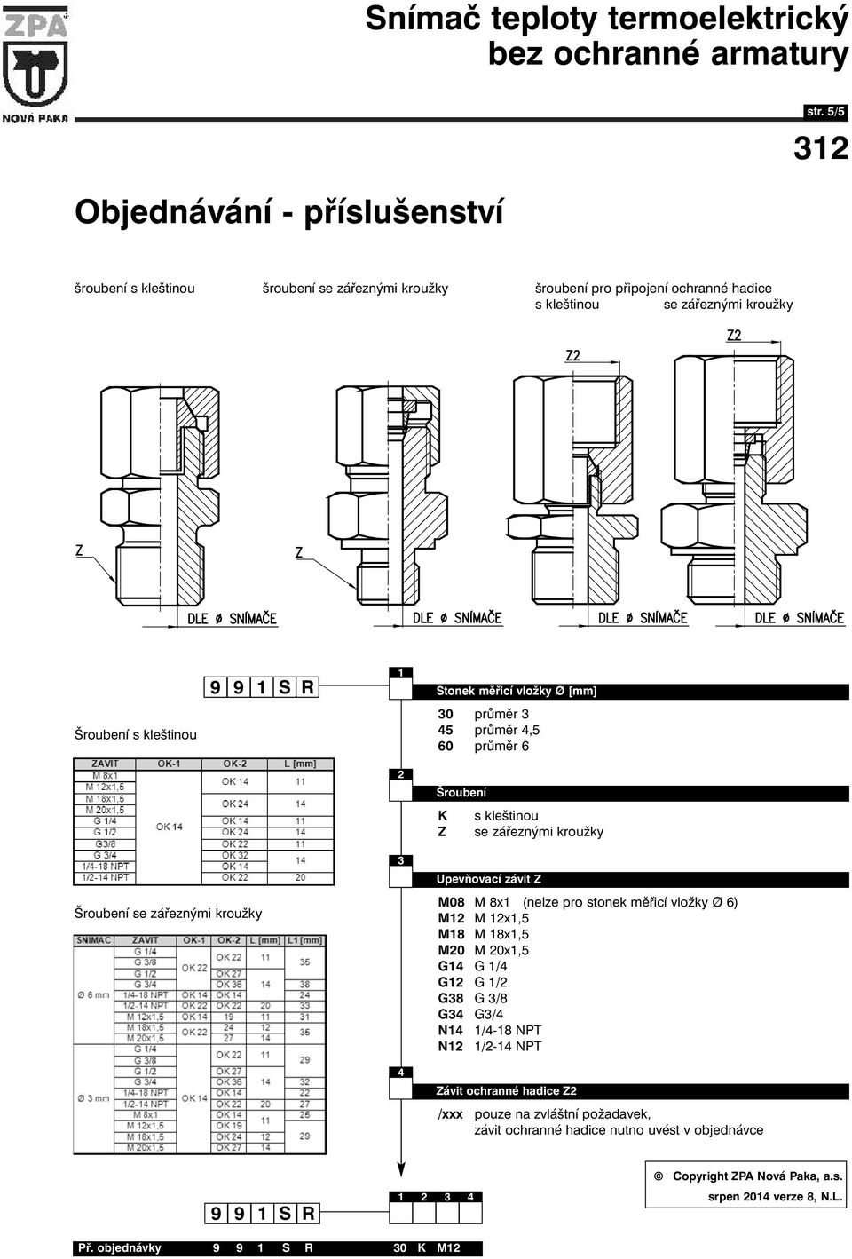 [mm] 30 průměr 3 45 průměr 4,5 60 průměr 6 Šroubení se zářeznými kroužky 2 3 4 Šroubení K Z s kleštinou se zářeznými kroužky Upevňovací závit Z M08 M 8x (nelze pro stonek měřicí