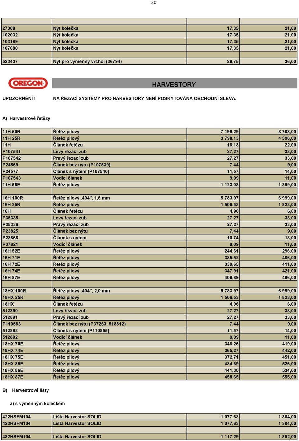 A) Harvestrové řetězy 11H 50R Řetěz pilový 7 196,29 8 708,00 11H 25R Řetěz pilový 3 798,13 4 596,00 11H Článek řetězu 18,18 22,00 P107541 Levý řezací zub 27,27 33,00 P107542 Pravý řezací zub 27,27